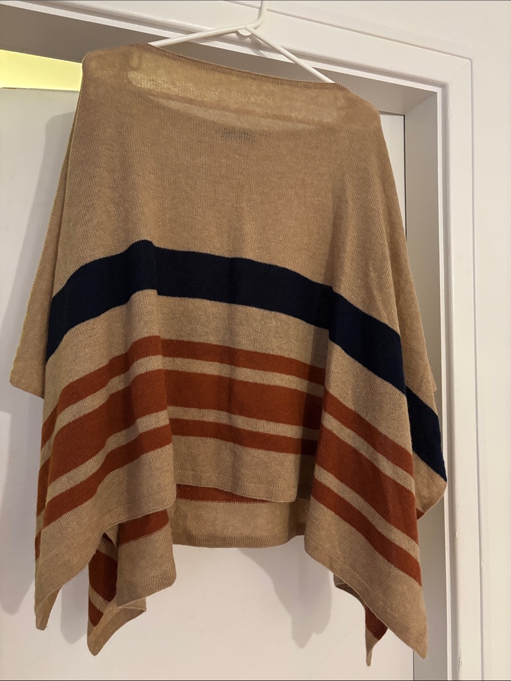 Striped Cashmere Poncho in Beige, Navy & Rust